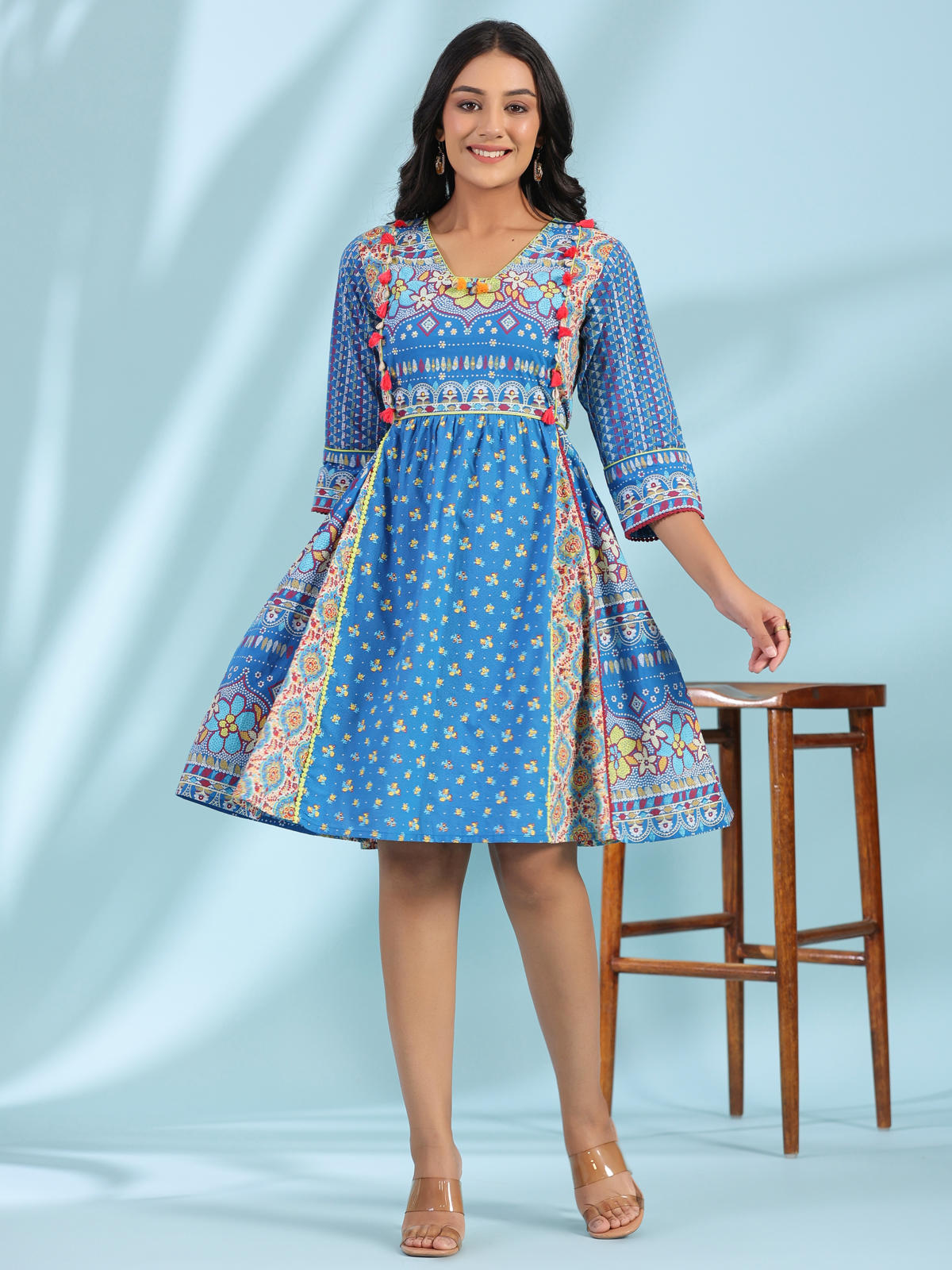 Juniper Women's Blue Floral Printed Pure Cotton Dress With Beads & sequins Work