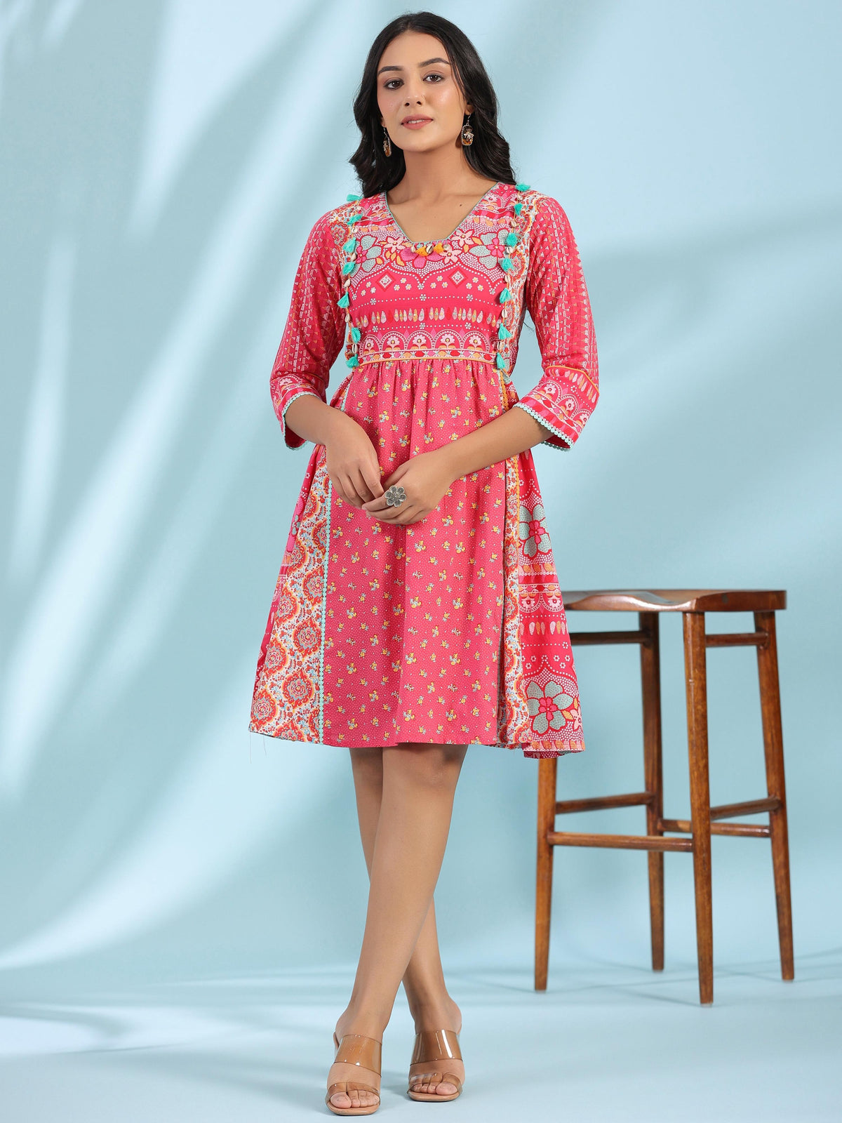 Juniper Women's Pink Pure Cotton Floral Printed Panelled Short Dress With Contrasting Tassels & Beadwork