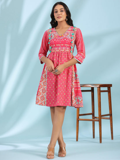 Juniper Women's Pink Pure Cotton Floral Printed Panelled Short Dress With Contrasting Tassels & Beadwork