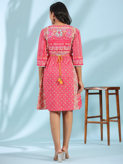 Juniper Women's Pink Pure Cotton Floral Printed Panelled Short Dress With Contrasting Tassels & Beadwork