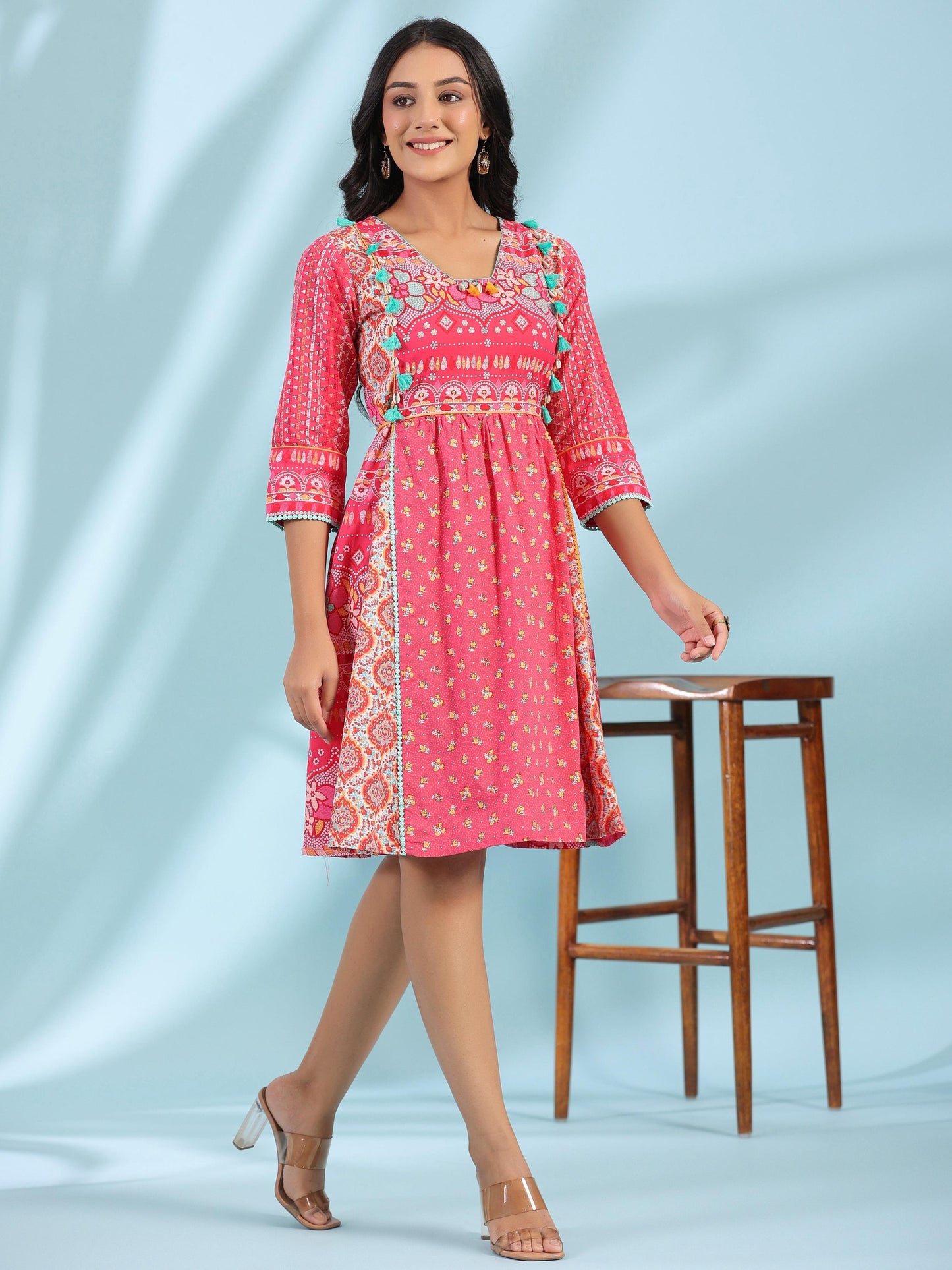 Juniper Women's Pink Pure Cotton Floral Printed Panelled Short Dress With Contrasting Tassels & Beadwork