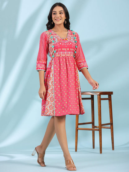 Juniper Women's Pink Pure Cotton Floral Printed Panelled Short Dress With Contrasting Tassels & Beadwork