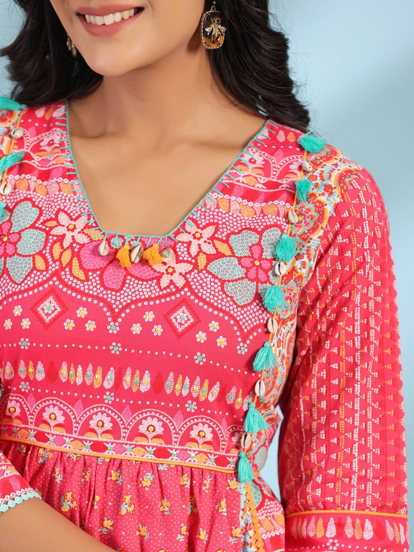 Juniper Women's Pink Pure Cotton Floral Printed Panelled Short Dress With Contrasting Tassels & Beadwork