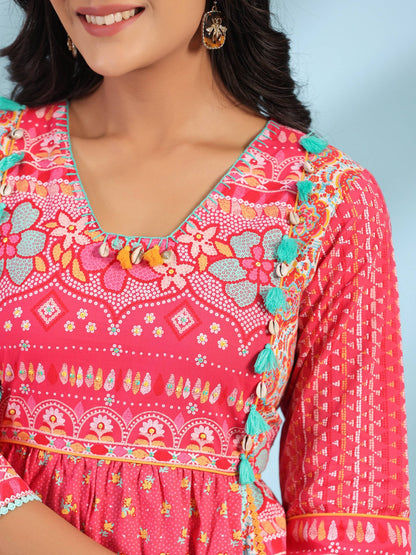 Juniper Women's Pink Pure Cotton Floral Printed Panelled Short Dress With Contrasting Tassels & Beadwork