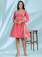 Juniper Women's Pink Pure Cotton Floral Printed Panelled Short Dress With Contrasting Tassels & Beadwork