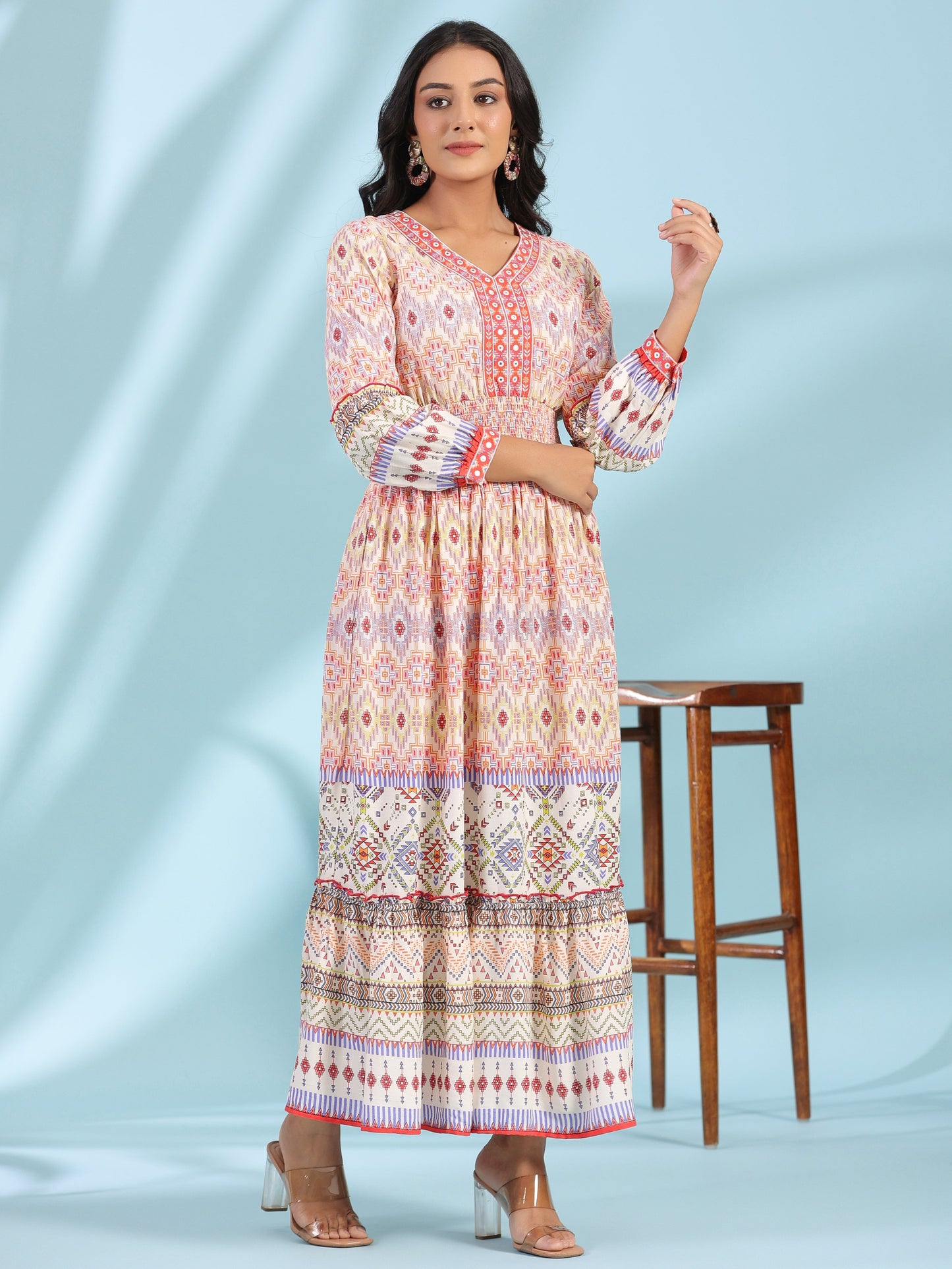 Juniper Women's Off-White Rayon Geometric Printed Tiered Maxi Dress With Mirror Work