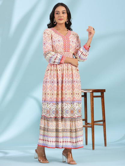 Juniper Women's Off-White Rayon Geometric Printed Tiered Maxi Dress With Mirror Work