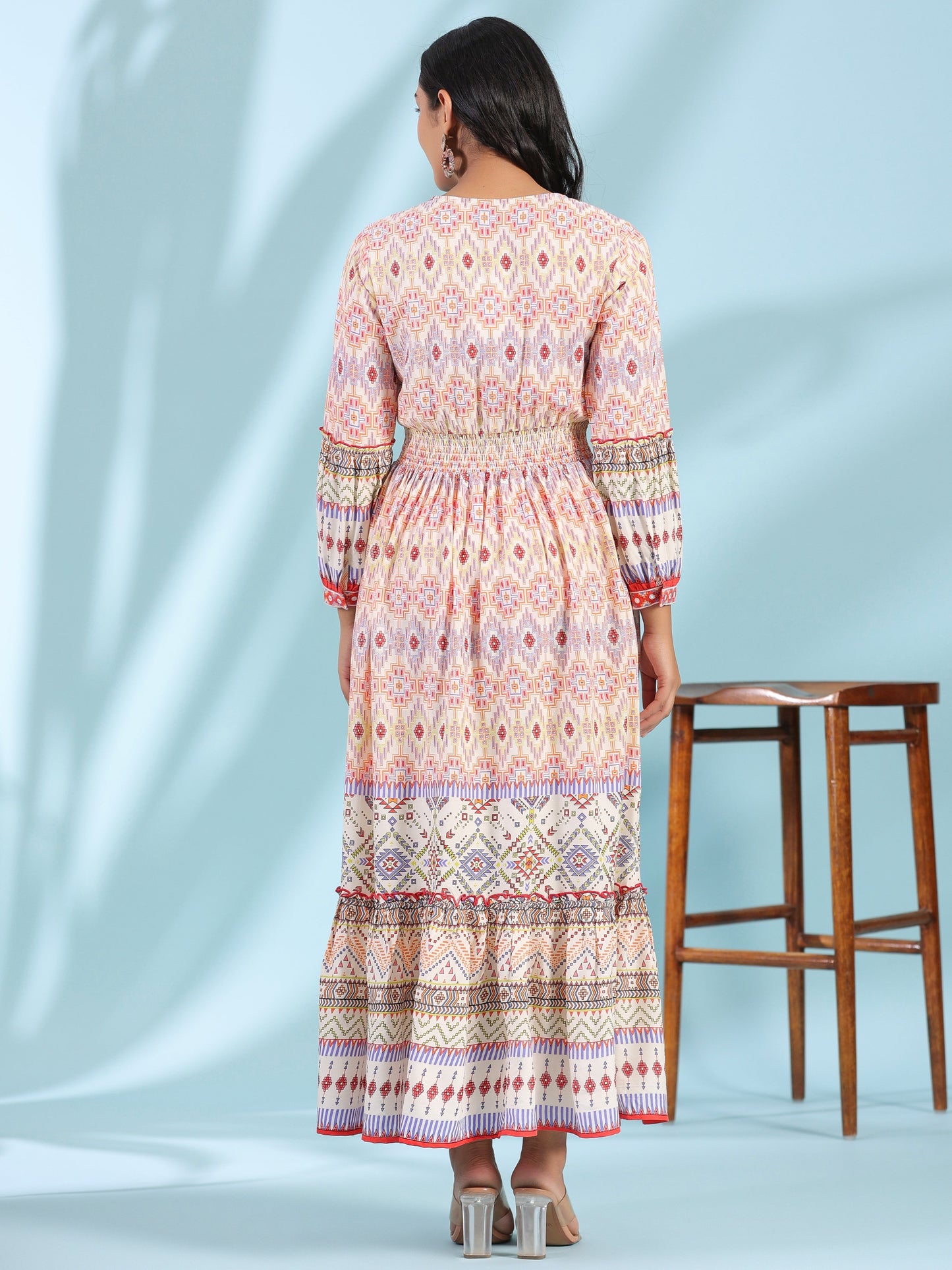 Juniper Women's Off-White Rayon Geometric Printed Tiered Maxi Dress With Mirror Work