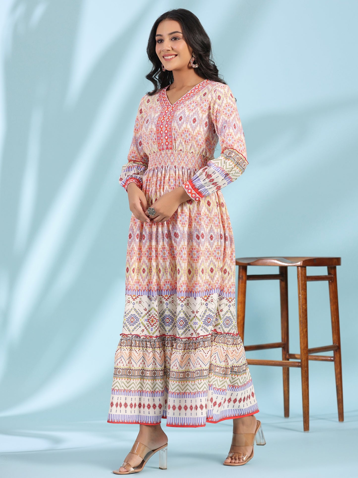 Juniper Women's Off-White Rayon Geometric Printed Tiered Maxi Dress With Mirror Work