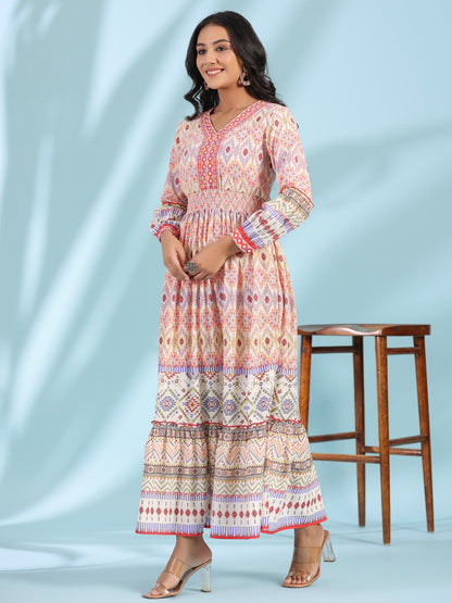 Juniper Women's Off-White Rayon Geometric Printed Tiered Maxi Dress With Mirror Work