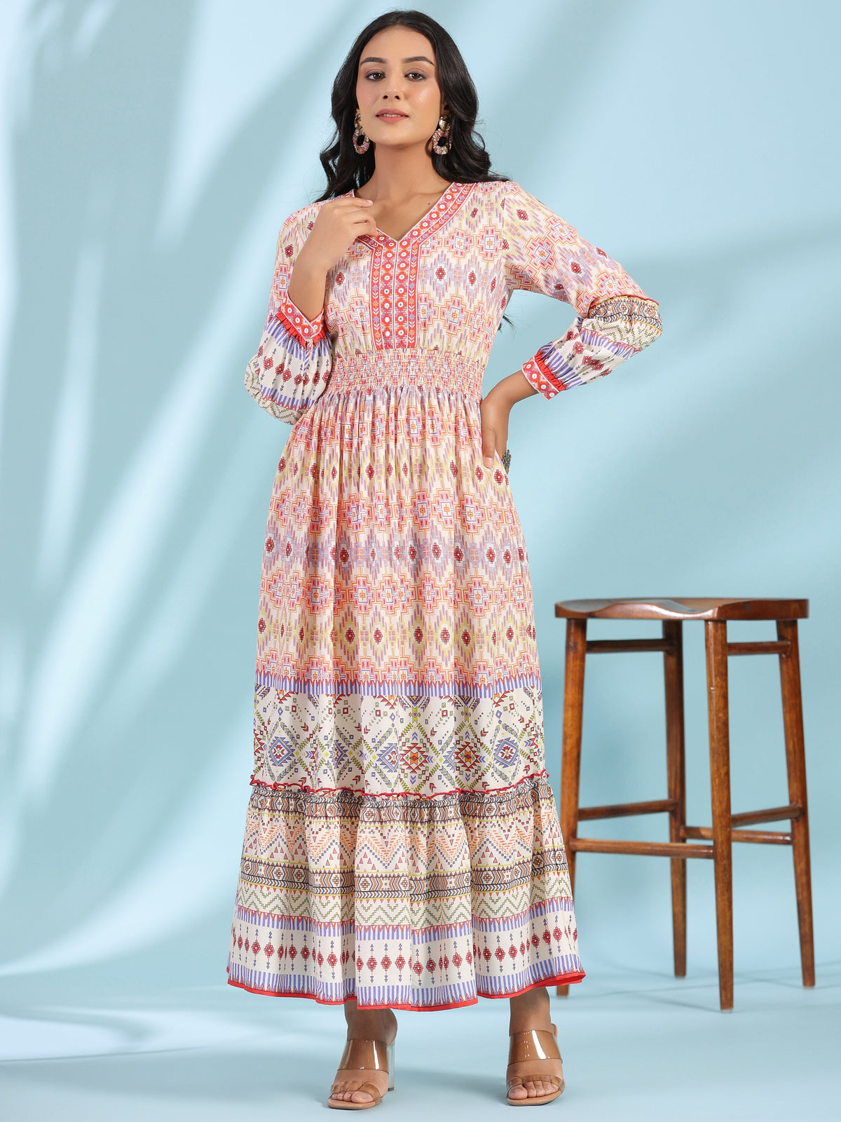 Juniper Women's Off-White Rayon Geometric Printed Tiered Maxi Dress With Mirror Work