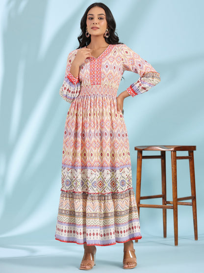 Juniper Women's Off-White Rayon Geometric Printed Tiered Maxi Dress With Mirror Work