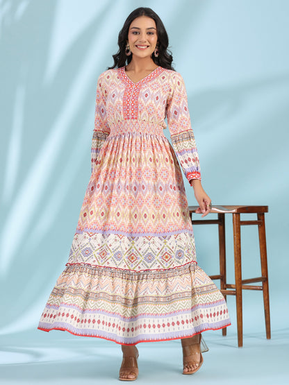 Juniper Women's Off-White Rayon Geometric Printed Tiered Maxi Dress With Mirror Work