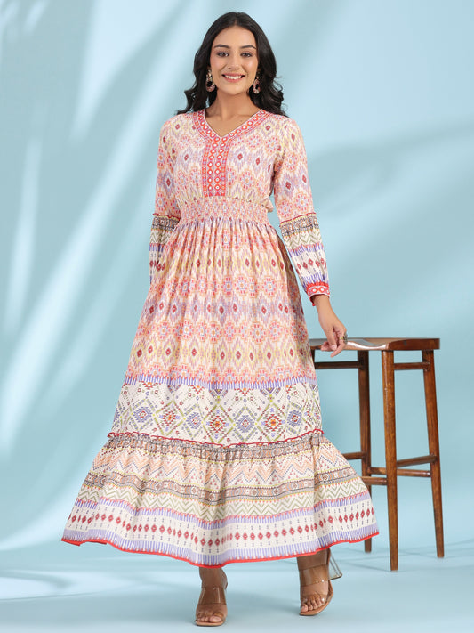 Juniper Women's Off-White Rayon Geometric Printed Tiered Maxi Dress With Mirror Work