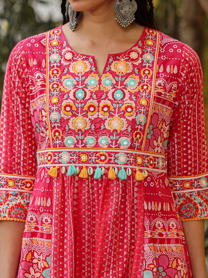 Juniper Women Pink Cotton Cambric printed & Embroidered Tunic