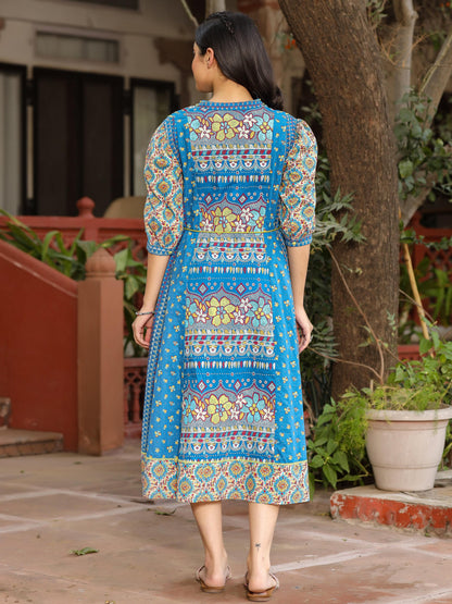 Juniper Blue Floral Printed Pure Cotton Dress & Doris With Beads Work