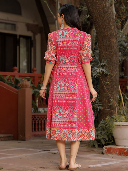Juniper Women's Pink Floral Printed Pure Cotton Dress & Doris With Beads Work
