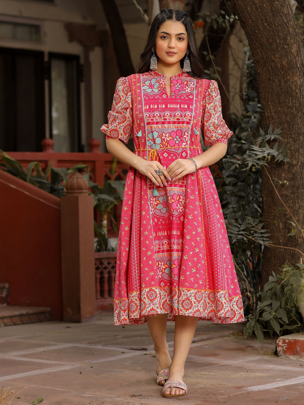 Juniper Women's Pink Floral Printed Pure Cotton Dress & Doris With Beads Work