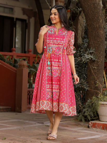 Juniper Women's Pink Floral Printed Pure Cotton Dress & Doris With Beads Work