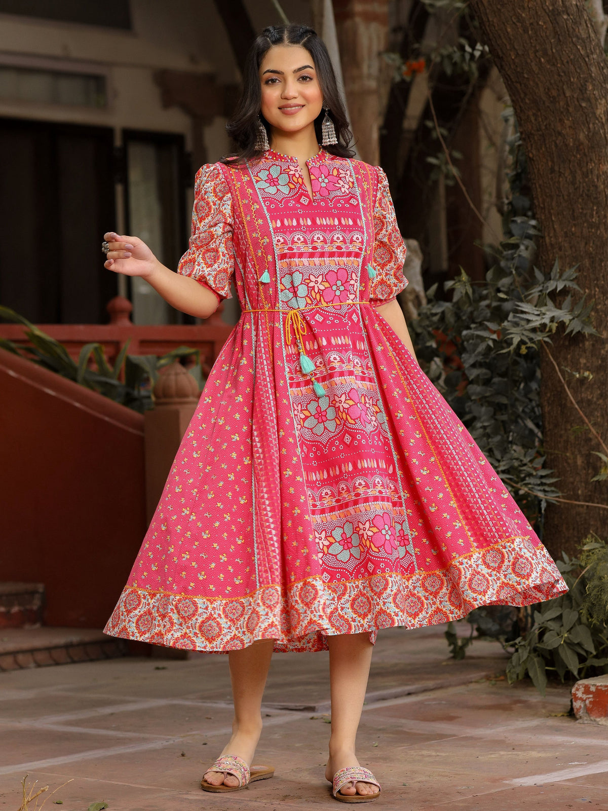 Juniper Women's Pink Floral Printed Pure Cotton Dress & Doris With Beads Work