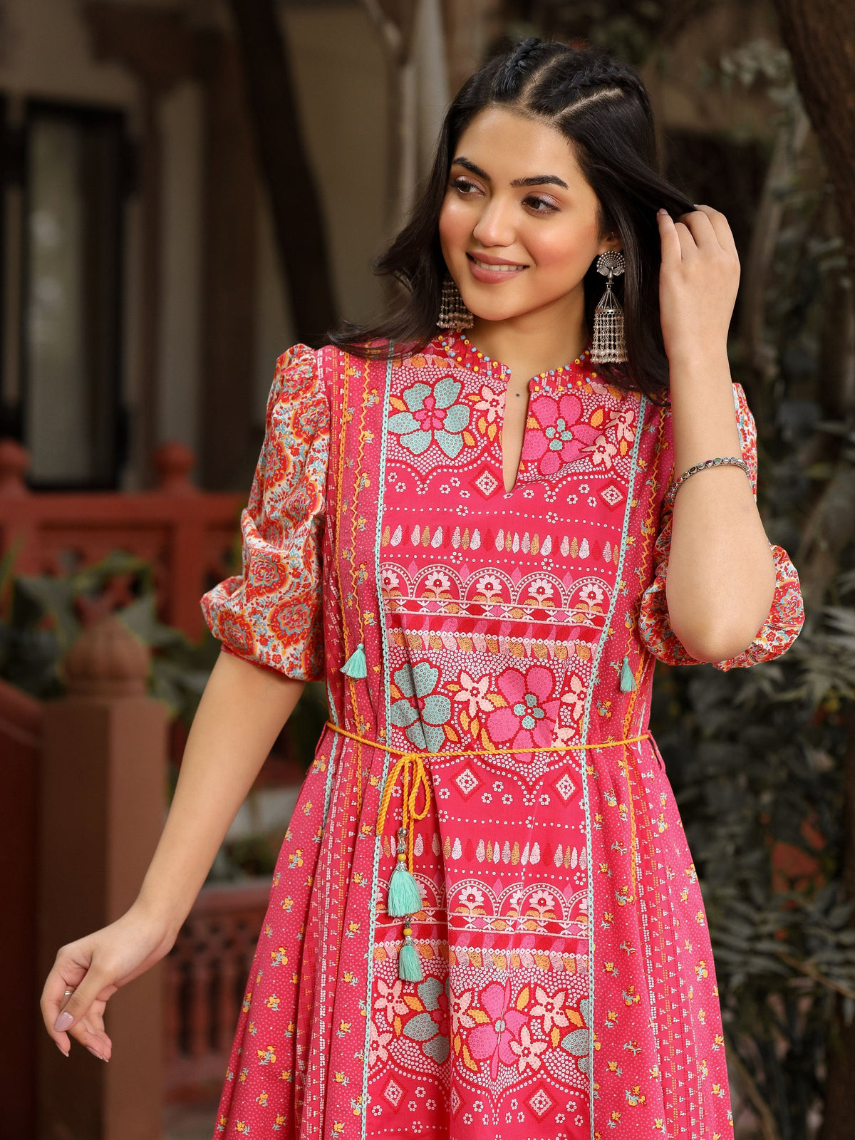 Juniper Women's Pink Floral Printed Pure Cotton Dress & Doris With Beads Work