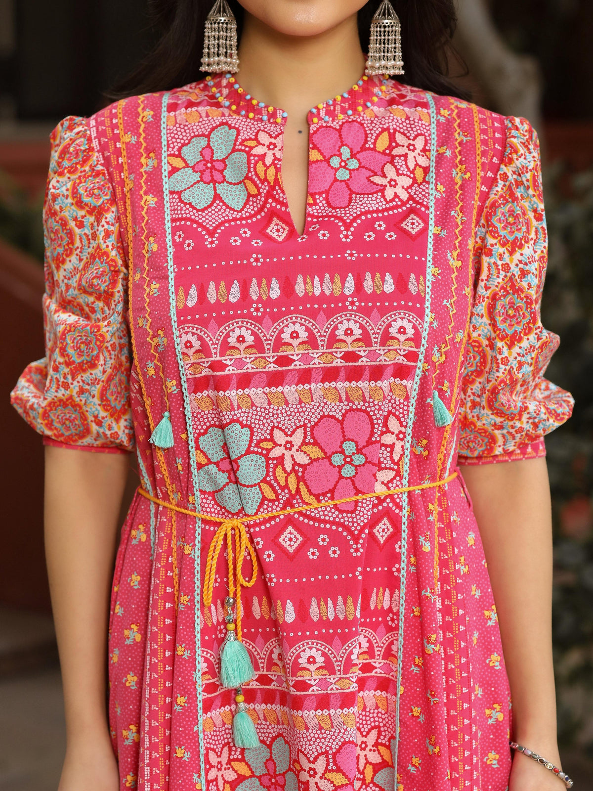 Juniper Women's Pink Floral Printed Pure Cotton Dress & Doris With Beads Work