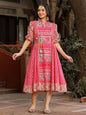 Juniper Women's Pink Floral Printed Pure Cotton Dress & Doris With Beads Work