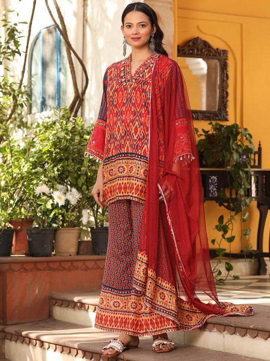 Juniper Women's Rust Ikat Printed Cotton Voile Kurta Bell Bottom & Dupatta Set With Coins Kaudis & Mirror Work