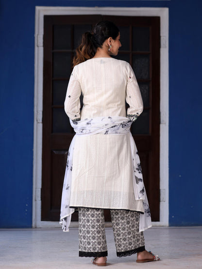 Juniper Women's Off-White & Black Cotton Dobby Pleated Embroidered Kurta Palazzo & Dupatta Set
