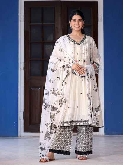 Juniper Women's Off-White & Black Cotton Dobby Pleated Embroidered Kurta Palazzo & Dupatta Set