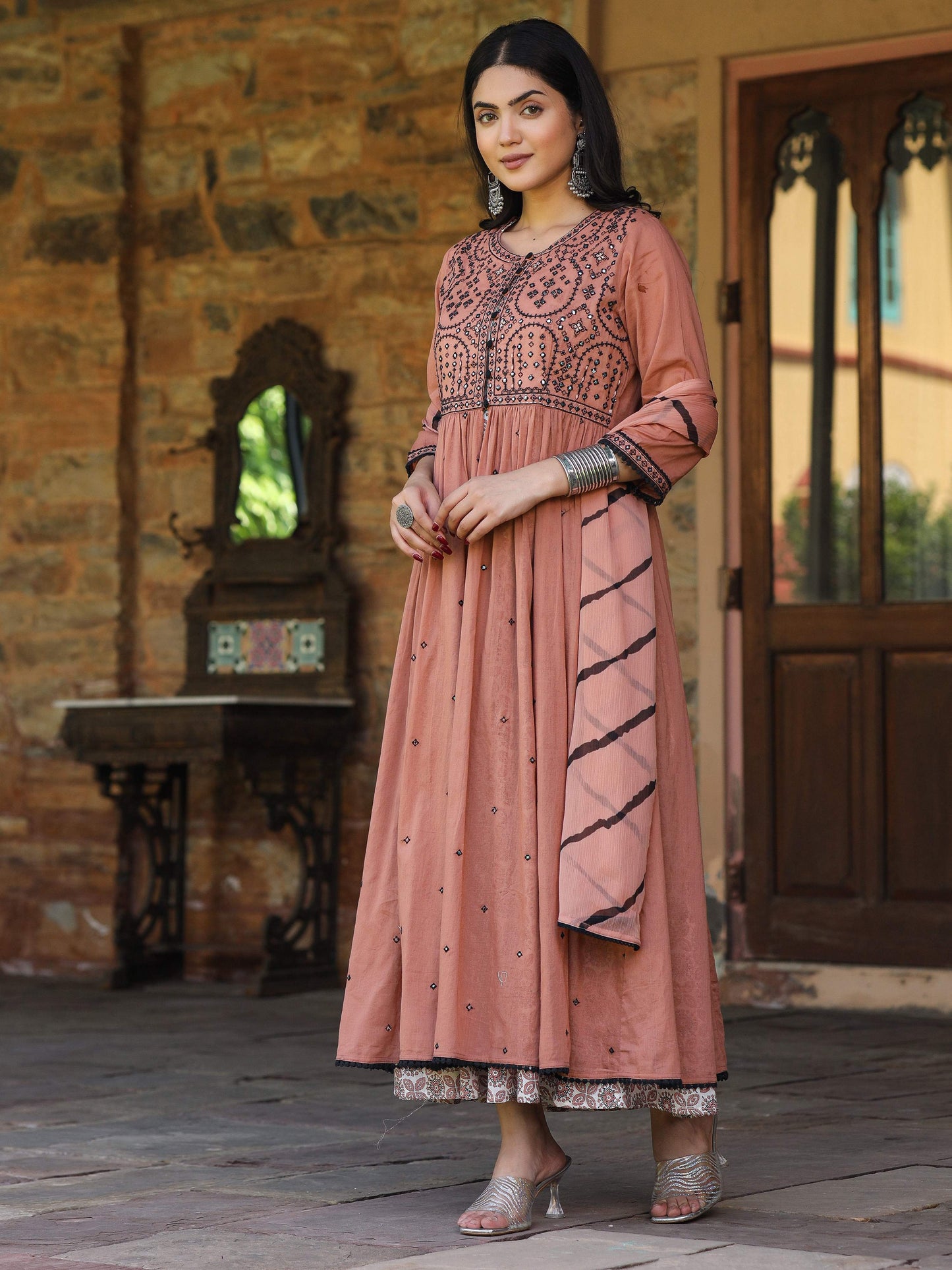 Juniper Women's Onion Pink & Black Cotton Embroidered Anarkali Dress With Jacket & Tie-Dye Dupatta