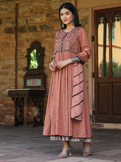 Juniper Women's Onion Pink & Black Cotton Embroidered Anarkali Dress With Jacket & Tie-Dye Dupatta