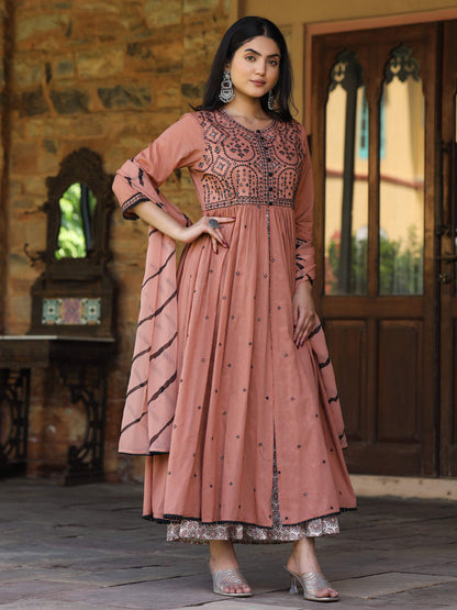 Juniper Women's Onion Pink & Black Cotton Embroidered Anarkali Dress With Jacket & Tie-Dye Dupatta