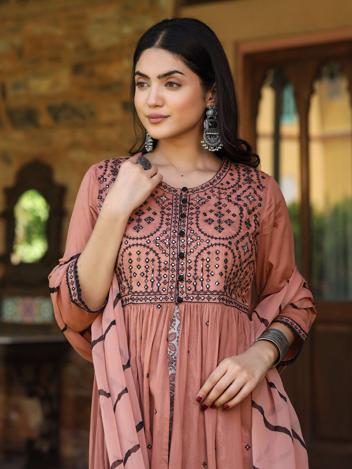 Juniper Women's Onion Pink & Black Cotton Embroidered Anarkali Dress With Jacket & Tie-Dye Dupatta