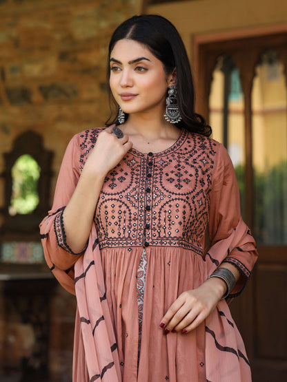 Juniper Women's Onion Pink & Black Cotton Embroidered Anarkali Dress With Jacket & Tie-Dye Dupatta