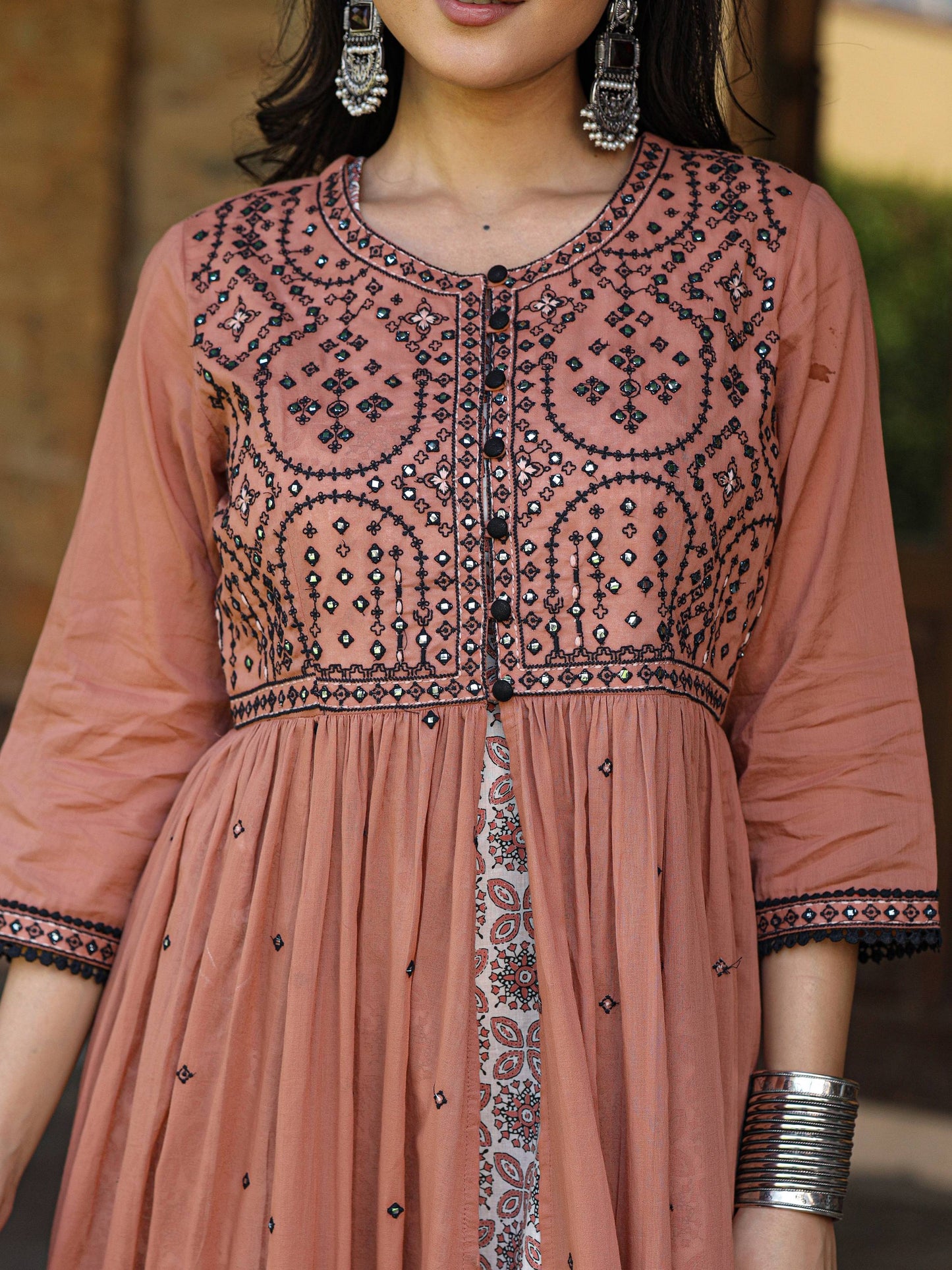 Juniper Women's Onion Pink & Black Cotton Embroidered Anarkali Dress With Jacket & Tie-Dye Dupatta