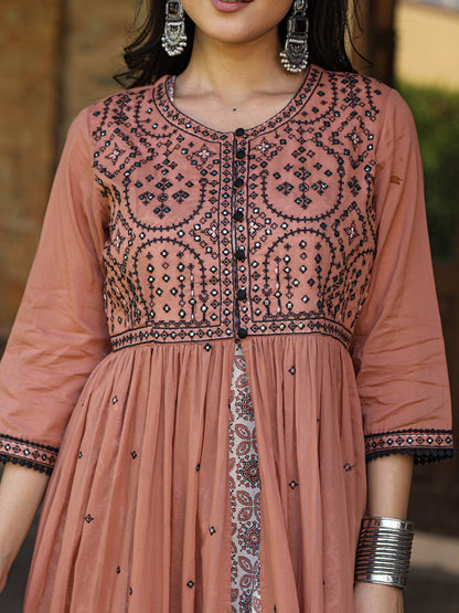 Juniper Women's Onion Pink & Black Cotton Embroidered Anarkali Dress With Jacket & Tie-Dye Dupatta