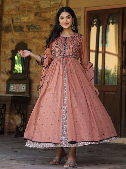 Juniper Women's Onion Pink & Black Cotton Embroidered Anarkali Dress With Jacket & Tie-Dye Dupatta