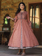 Juniper Women's Onion Pink & Black Cotton Embroidered Anarkali Dress With Jacket & Tie-Dye Dupatta