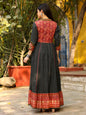 Juniper Women's Black Cotton Ethnic Motif Printed Fit & Flare Layered Maxi Dress With Thread Embroidery & Tassels