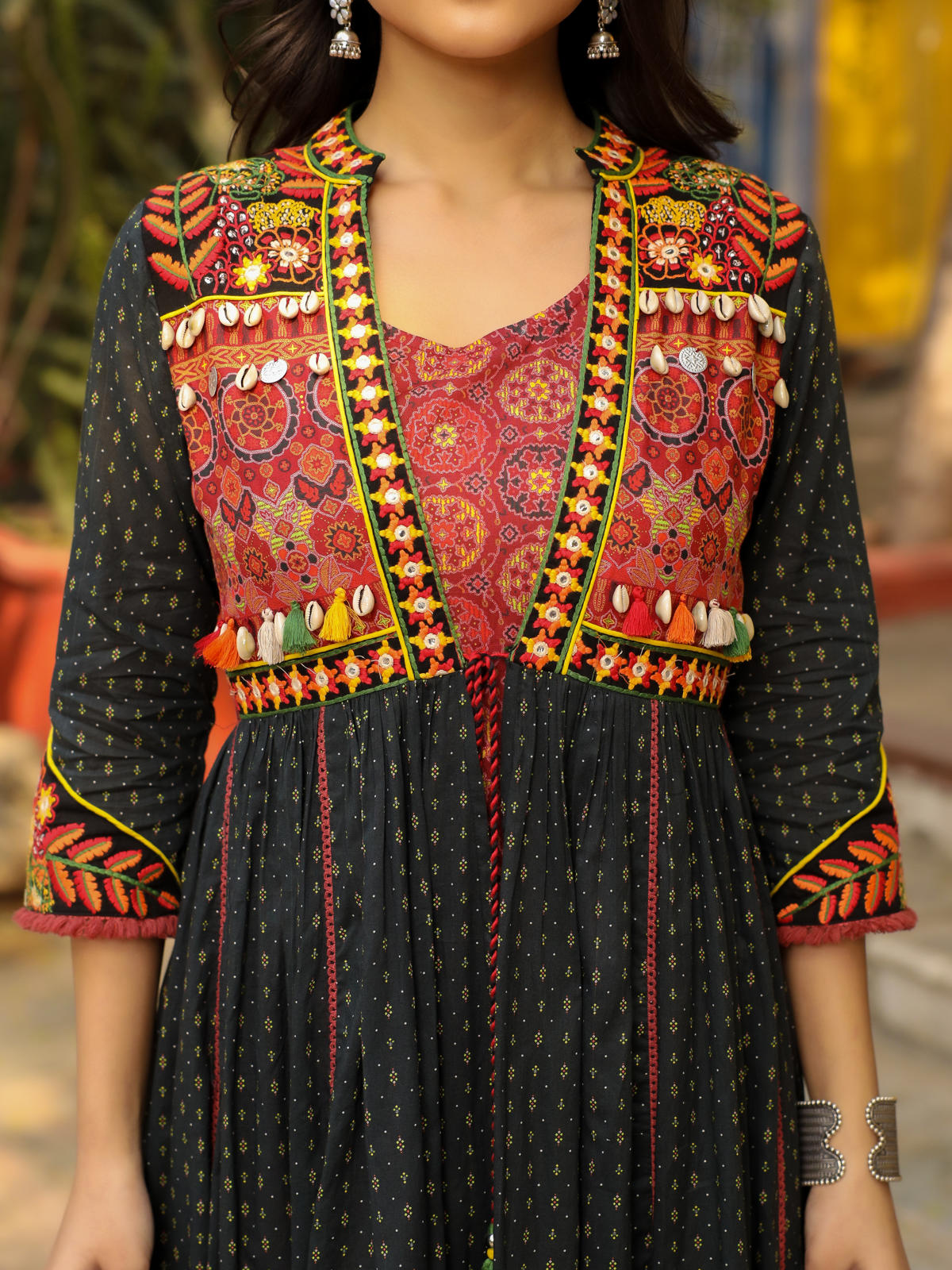 Juniper Women's Black Cotton Ethnic Motif Printed Fit & Flare Layered Maxi Dress With Thread Embroidery & Tassels