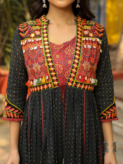 Juniper Women's Black Cotton Ethnic Motif Printed Fit & Flare Layered Maxi Dress With Thread Embroidery & Tassels