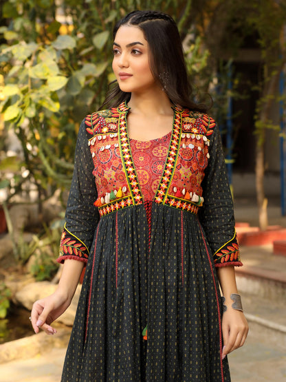 Juniper Women's Black Cotton Ethnic Motif Printed Fit & Flare Layered Maxi Dress With Thread Embroidery & Tassels