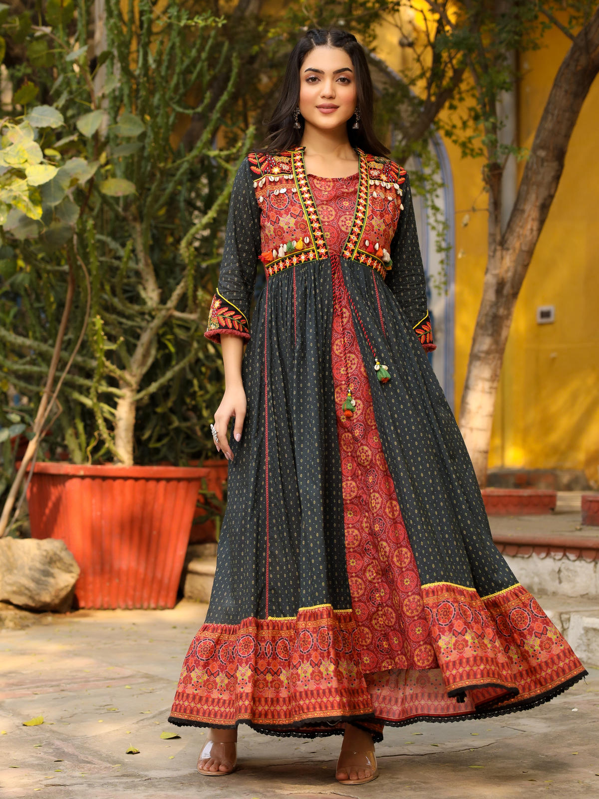 Juniper Women's Black Cotton Ethnic Motif Printed Fit & Flare Layered Maxi Dress With Thread Embroidery & Tassels