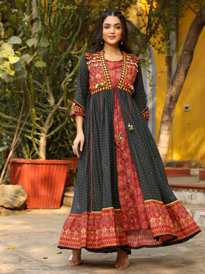 Juniper Women's Black Cotton Ethnic Motif Printed Fit & Flare Layered Maxi Dress With Thread Embroidery & Tassels