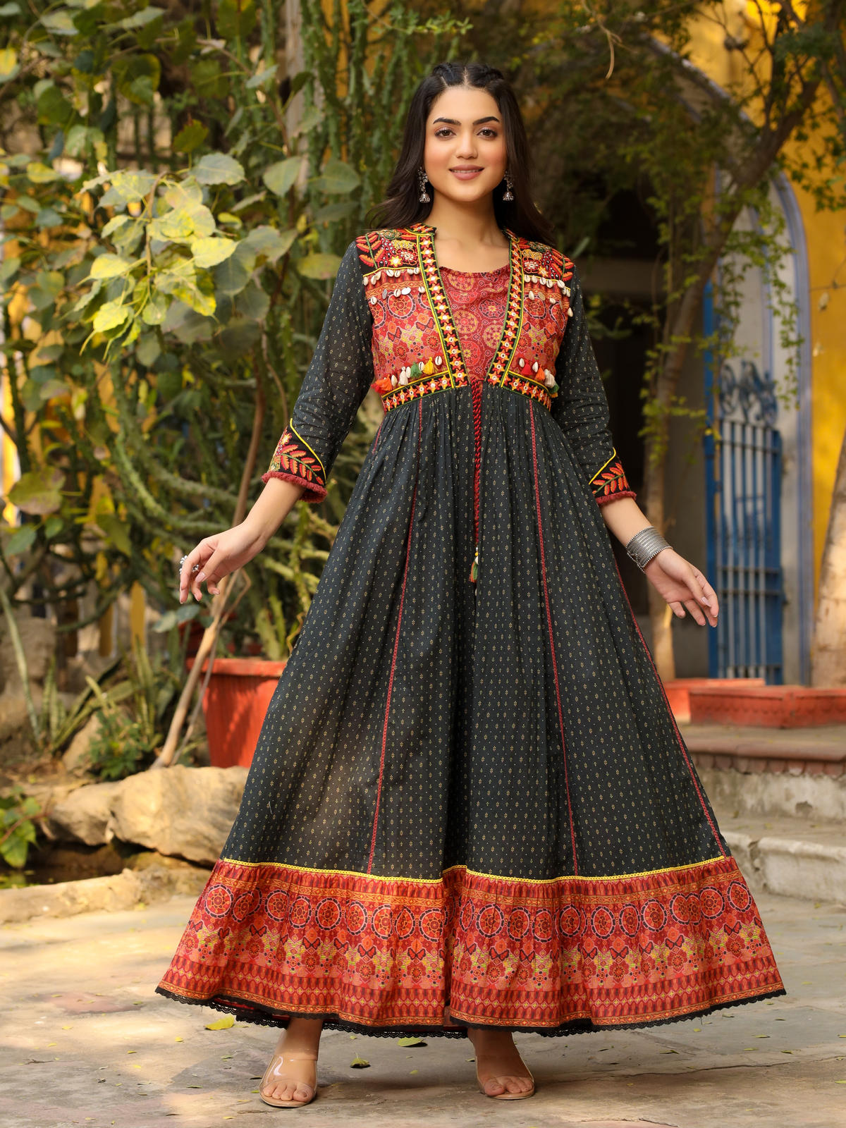 Juniper Women's Black Cotton Ethnic Motif Printed Fit & Flare Layered Maxi Dress With Thread Embroidery & Tassels