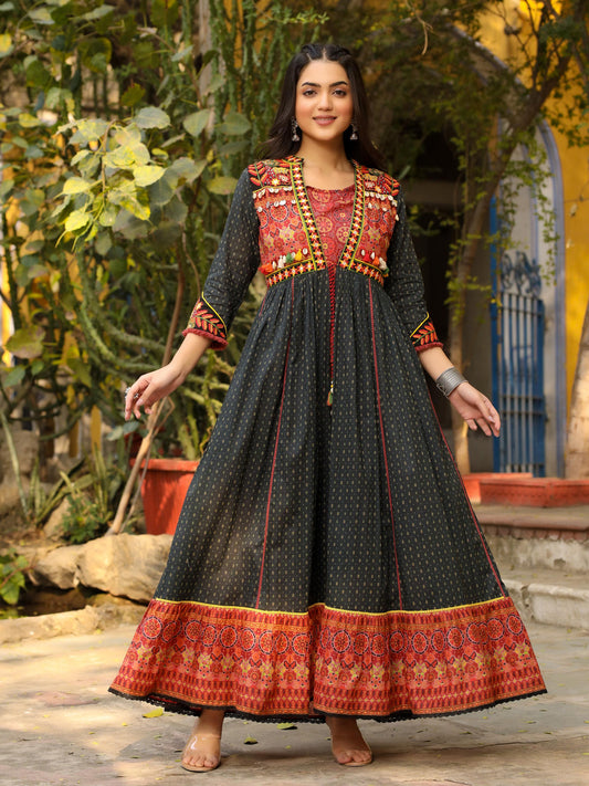 Juniper Women's Black Cotton Ethnic Motif Printed Fit & Flare Layered Maxi Dress With Thread Embroidery & Tassels