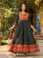 Juniper Women's Black Cotton Ethnic Motif Printed Fit & Flare Layered Maxi Dress With Thread Embroidery & Tassels