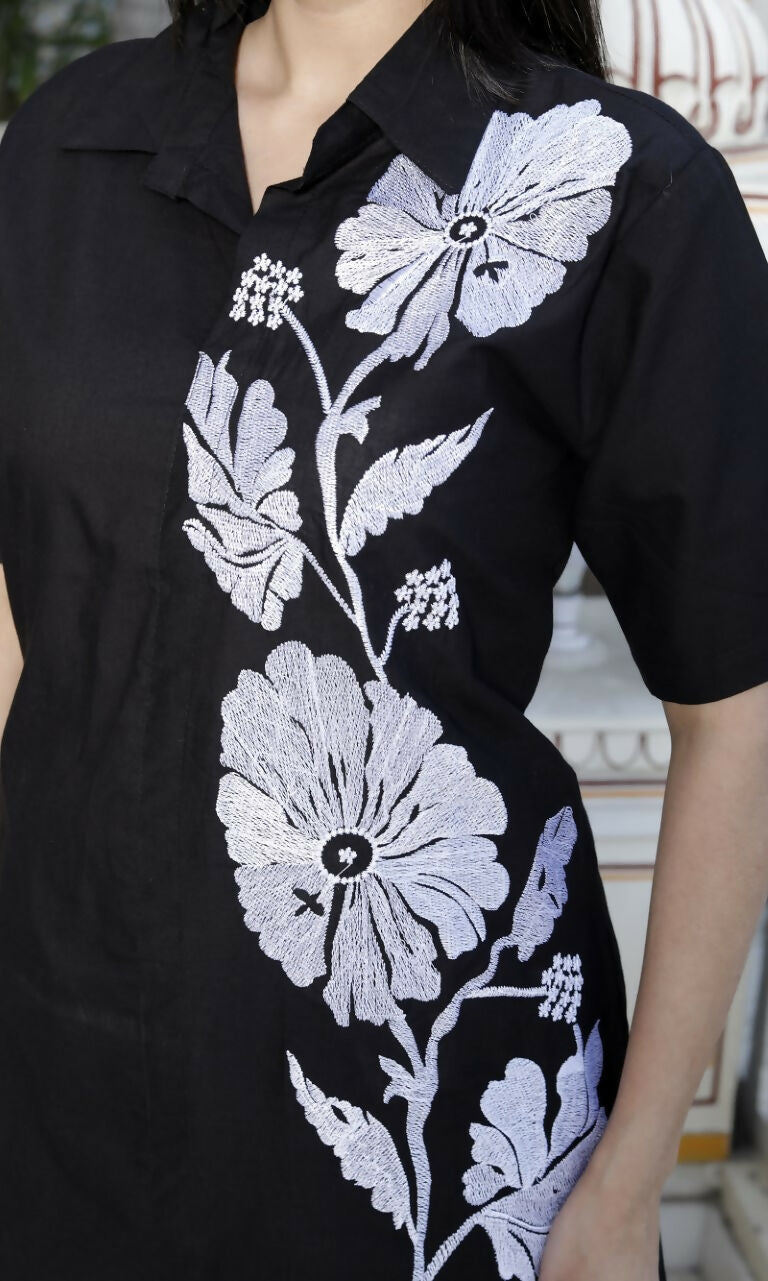Miravan Women's Black Pure Cotton Floral Embroidered High Low Co-Ord Set
