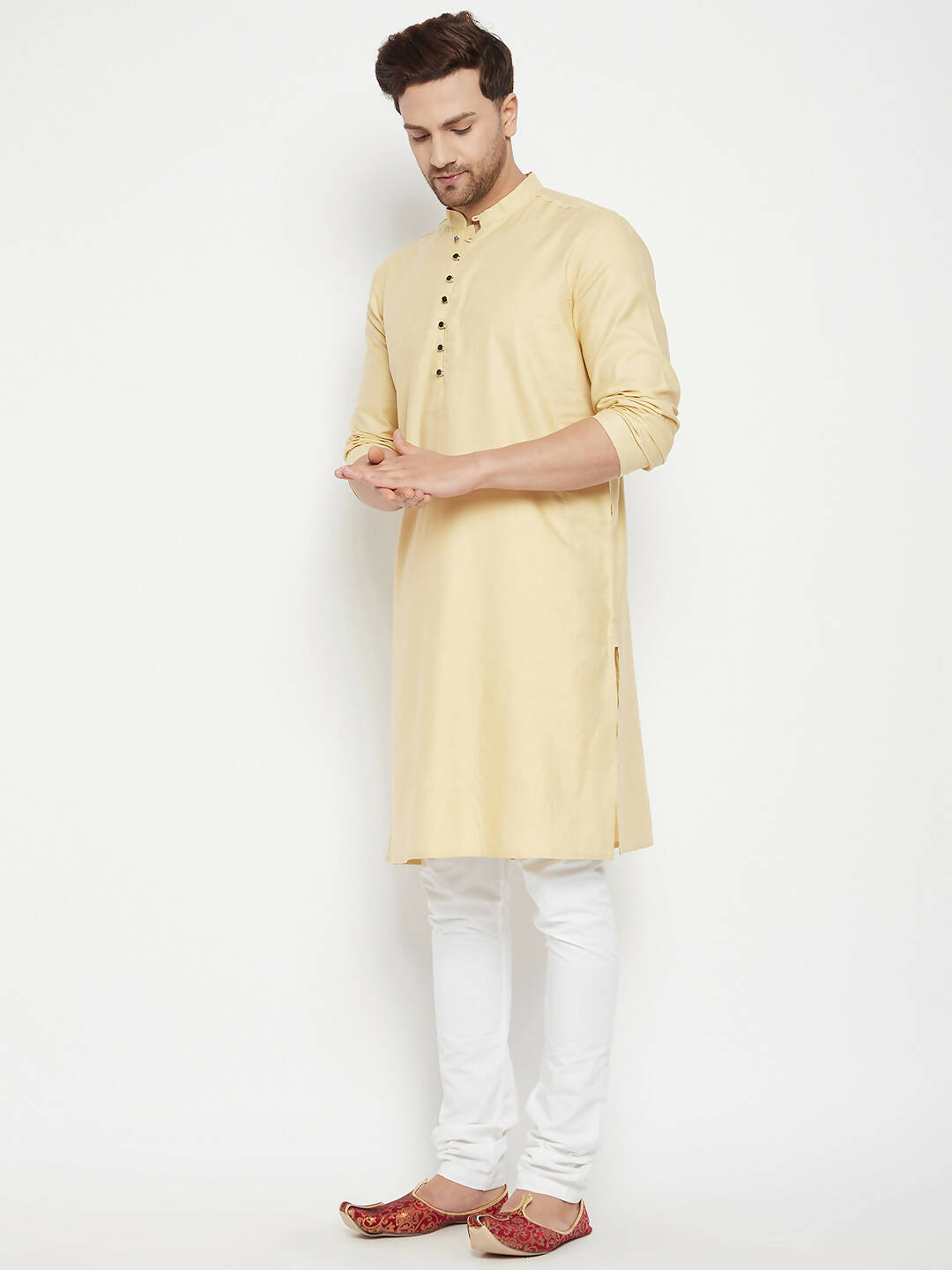 Even Apparels Beige Pure Cotton Long Men's Kurta With Band Collar